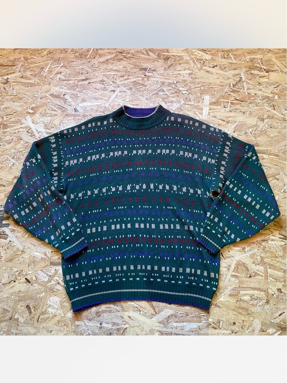 Men's Vintage Dark Green Geometric Crewneck Sweater